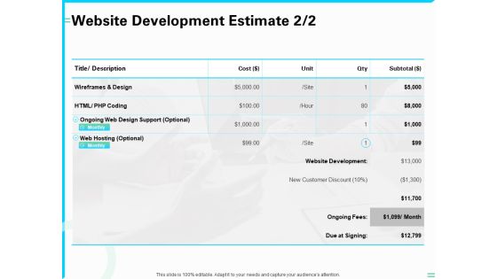 Web Development And IT Design Website Development Estimate Optional Ppt PowerPoint Presentation File Sample PDF