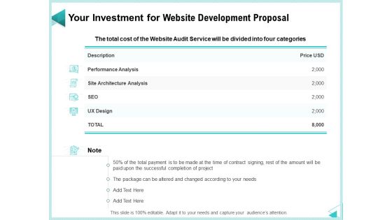 Web Development IT And Design Templates Your Investment For Website Development Proposal Slides PDF