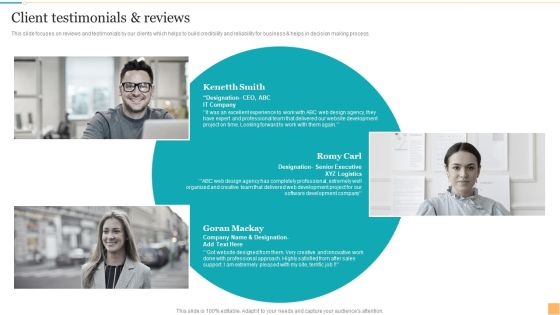 Website Design And Branding Studio Company Profile Client Testimonials And Reviews Background PDF