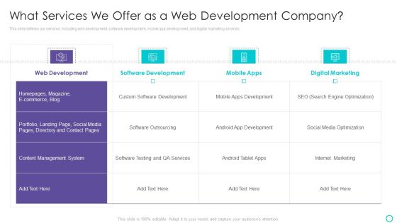 Website Designing And Development Service What Services We Offer As A Web Development Company Icons PDF Website Designing And Development Service What Services We Offer As A Web Development Company Icons PDF