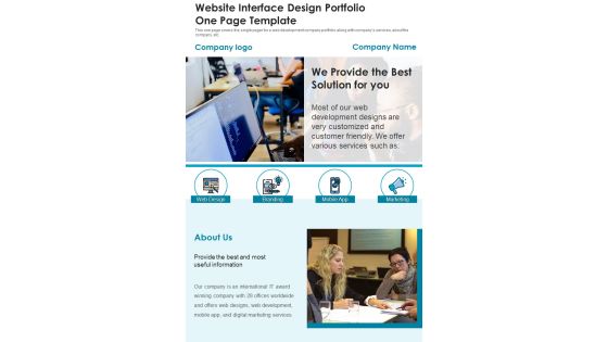 Website Interface Design Portfolio One Page Template PDF Document PPT Template Website Interface Design Portfolio One Page Template PDF Document PPT Template