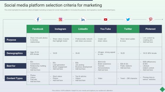 Website Marketing Enterprise Profile Social Media Platform Selection Criteria For Marketing Ppt PowerPoint Presentation Pictures PDF Website Marketing Enterprise Profile Social Media Platform Selection Criteria For Marketing Ppt PowerPoint Presentation Pictures PDF