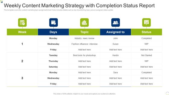 Weekly Content Marketing Strategy With Completion Status Report Information PDF