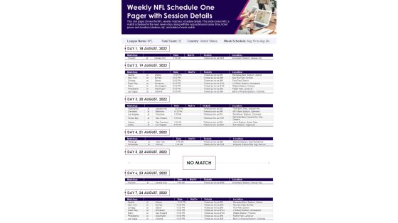 Weekly NFL Schedule One Pager With Session Details PDF Document PPT Template