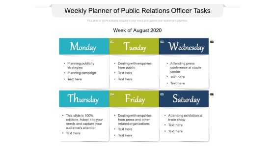 Weekly Planner Of Public Relations Officer Tasks Ppt PowerPoint Presentation Gallery Sample PDF Weekly Planner Of Public Relations Officer Tasks Ppt PowerPoint Presentation Gallery Sample PDF