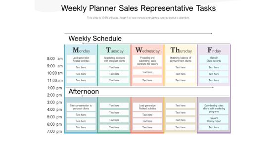 Weekly Planner Sales Representative Tasks Ppt PowerPoint Presentation File Examples PDF
