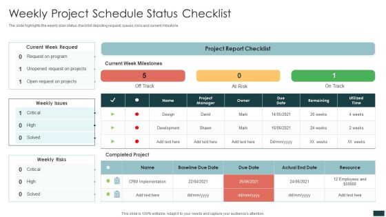 Weekly Project Schedule Status Checklist Microsoft PDF
