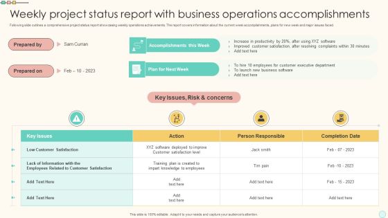 Weekly Project Status Report With Business Operations Accomplishments Inspiration PDF