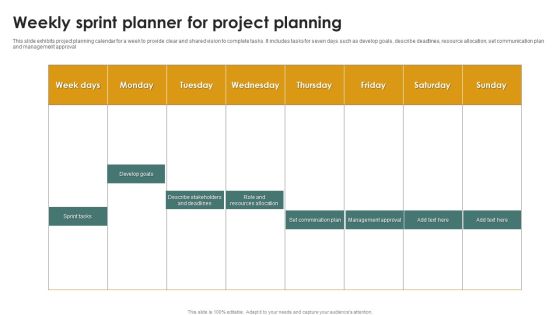 Weekly Sprint Planner For Project Planning Ppt Summary Graphics Example PDF