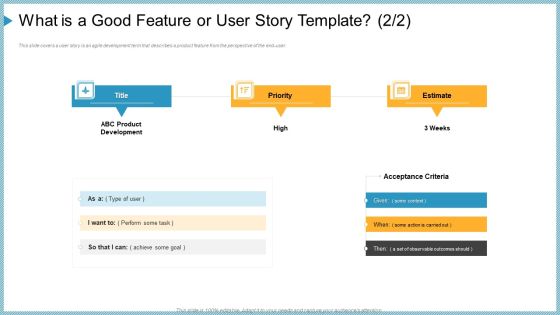 what is a good feature or user story template ppt infographics design templates pdf what is a good feature or user story template ppt infographics design templates pdf