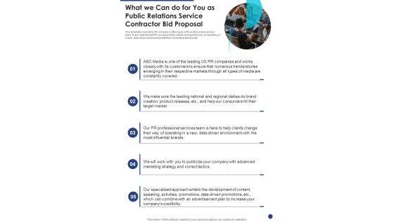 What We Can Do For You As Public Relations Service Contractor Bid One Pager Sample Example Document What We Can Do For You As Public Relations Service Contractor Bid One Pager Sample Example Document