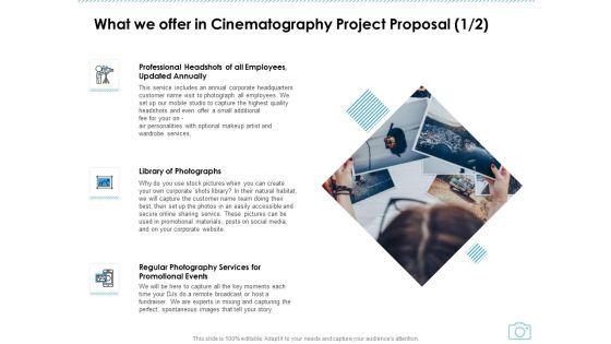 What We Offer In Cinematography Project Proposal Events Ppt Model Graphics Design PDF What We Offer In Cinematography Project Proposal Events Ppt Model Graphics Design PDF