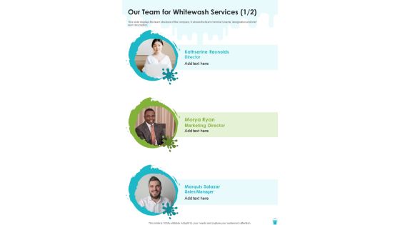 Whitewash Services Proposal Our Team For Whitewash Services One Pager Sample Example Document Whitewash Services Proposal Our Team For Whitewash Services One Pager Sample Example Document