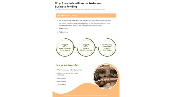Why Associate With Us As Restaurant Business Funding One Pager Sample Example Document Why Associate With Us As Restaurant Business Funding One Pager Sample Example Document