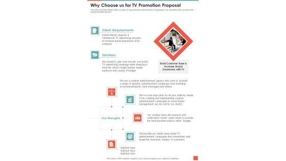 Why Choose Us For TV Promotion Proposal One Pager Sample Example Document Why Choose Us For TV Promotion Proposal One Pager Sample Example Document