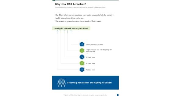 Why Our CSR Activities One Pager Sample Example Document Why Our CSR Activities One Pager Sample Example Document