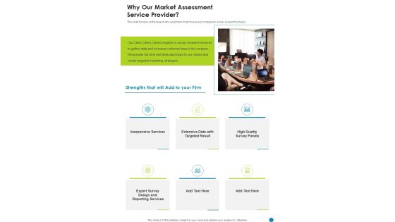 Why Our Market Assessment Service Provider One Pager Sample Example Document Why Our Market Assessment Service Provider One Pager Sample Example Document