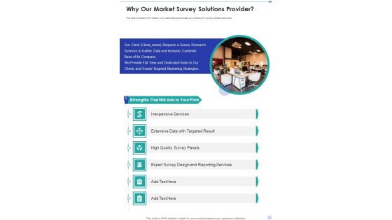 Why Our Market Survey Solutions Provider One Pager Sample Example Document Why Our Market Survey Solutions Provider One Pager Sample Example Document