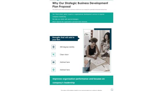 Why Our Strategic Business Development Plan Proposal One Pager Sample Example Document Why Our Strategic Business Development Plan Proposal One Pager Sample Example Document