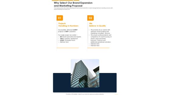 Why Select Our Brand Expansion And Marketing Proposal One Pager Sample Example Document Why Select Our Brand Expansion And Marketing Proposal One Pager Sample Example Document