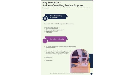 Why Select Our Business Consulting Service Proposal One Pager Sample Example Document Why Select Our Business Consulting Service Proposal One Pager Sample Example Document