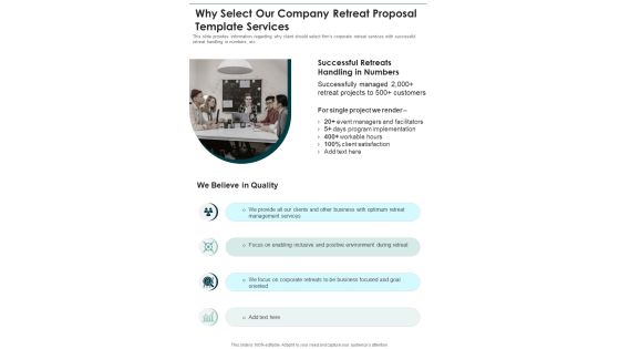 Why Select Our Company Retreat Proposal Template Services One Pager Sample Example Document Why Select Our Company Retreat Proposal Template Services One Pager Sample Example Document