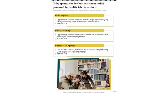 Why Sponsor Us For Business Sponsorship Proposal For Reality Television Show One Pager Sample Example Document Why Sponsor Us For Business Sponsorship Proposal For Reality Television Show One Pager Sample Example Document