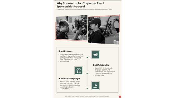 Why Sponsor Us For Corporate Event Sponsorship Proposal One Pager Sample Example Document Why Sponsor Us For Corporate Event Sponsorship Proposal One Pager Sample Example Document