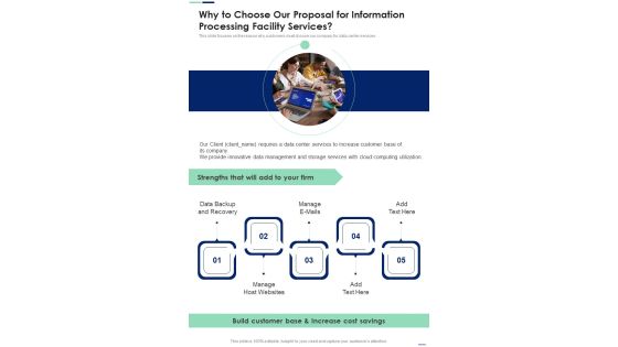 Why To Choose Our Proposal For Information Processing Facility Services One Pager Sample Example Document Why To Choose Our Proposal For Information Processing Facility Services One Pager Sample Example Document
