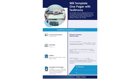 Will Template One Pager With Testimony PDF Document PPT Template