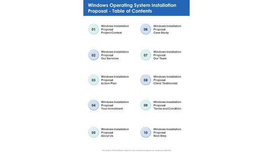 Windows Operating System Installation Proposal Table Of Contents One Pager Sample Example Document Windows Operating System Installation Proposal Table Of Contents One Pager Sample Example Document