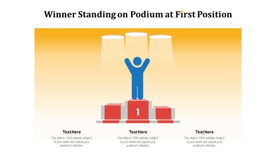 Winner Standing On Podium At First Position Ppt PowerPoint Presentation Slides Portfolio PDF