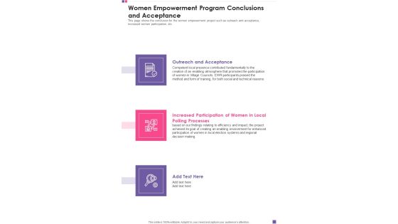 Women Empowerment Program Conclusions And Acceptance Template 124 One Pager Documents Women Empowerment Program Conclusions And Acceptance Template 124 One Pager Documents