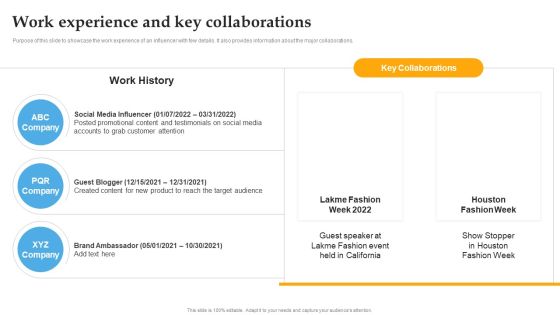 Work Experience And Key Collaborations Comprehensive Personal Brand Building Guide For Social Media Portrait PDF Work Experience And Key Collaborations Comprehensive Personal Brand Building Guide For Social Media Portrait PDF