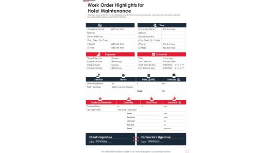Work Order Highlights For Hotel Maintenance One Pager Sample Example Document Work Order Highlights For Hotel Maintenance One Pager Sample Example Document