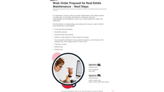 Work Order Proposal For Real Estate Maintenance Next Steps One Pager Sample Example Document Work Order Proposal For Real Estate Maintenance Next Steps One Pager Sample Example Document