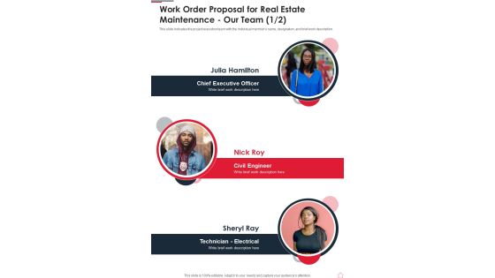Work Order Proposal For Real Estate Maintenance Our Team One Pager Sample Example Document Work Order Proposal For Real Estate Maintenance Our Team One Pager Sample Example Document