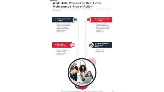 Work Order Proposal For Real Estate Maintenance Plan Of Action One Pager Sample Example Document Work Order Proposal For Real Estate Maintenance Plan Of Action One Pager Sample Example Document