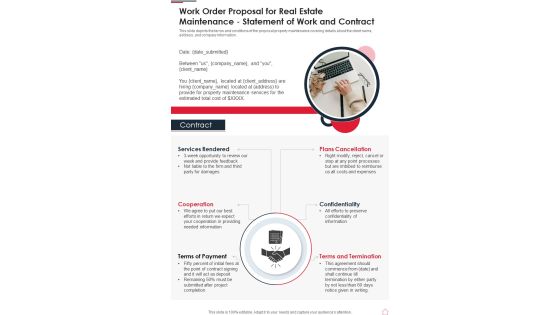 Work Order Proposal For Real Estate Maintenance Statement Of Work And Contract One Pager Sample Example Document