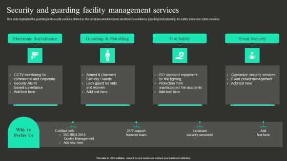 Workplace Facility Management Services Company Security And Guarding Facility Management Services Portrait PDF