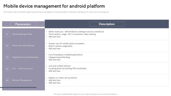 Workplace Portable Device Monitoring And Administration Mobile Device Management For Android Platform Slides PDF