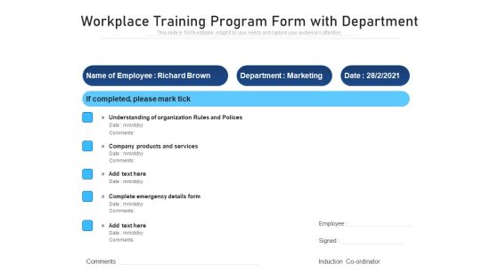 Workplace Training Program Form With Department Ppt PowerPoint Presentation Ideas Sample PDF Workplace Training Program Form With Department Ppt PowerPoint Presentation Ideas Sample PDF