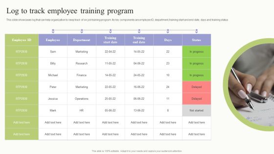 Workplace Training Techniques For Departments And Individual Staff Log To Track Employee Training Program Graphics PDF Workplace Training Techniques For Departments And Individual Staff Log To Track Employee Training Program Graphics PDF