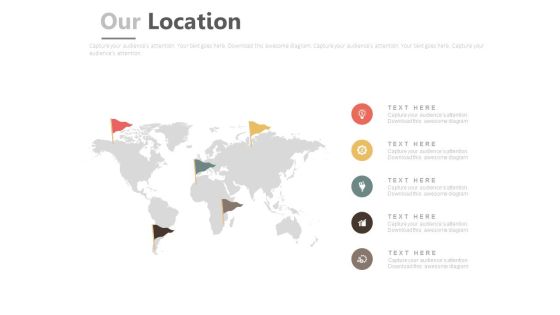 World Map With Location Flags And Icons Powerpoint Slides