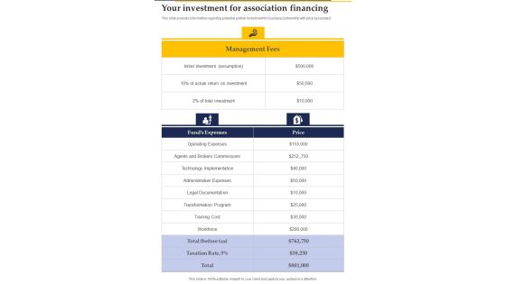 Your Investment For Association Financing Collaboration Investment One Pager Sample Example Document Your Investment For Association Financing Collaboration Investment One Pager Sample Example Document