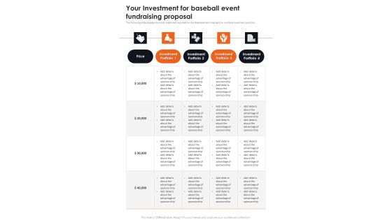Your Investment For Baseball Event Fundraising Proposal One Pager Sample Example Document Your Investment For Baseball Event Fundraising Proposal One Pager Sample Example Document