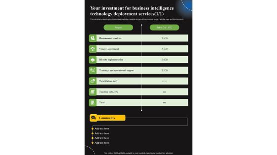 Your Investment For Business Intelligence Technology Deployment Services One Pager Sample Example Document Your Investment For Business Intelligence Technology Deployment Services One Pager Sample Example Document