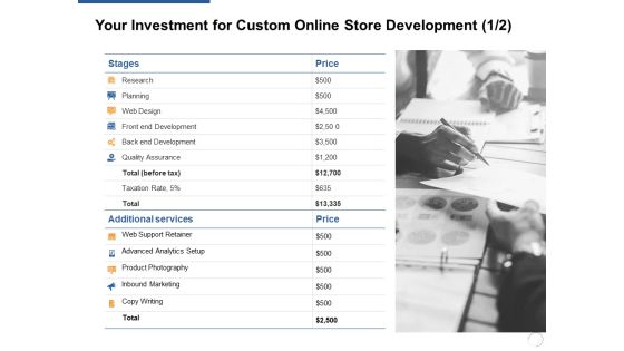 Your Investment For Custom Online Store Development Planning Ppt PowerPoint Presentation Inspiration Background Your Investment For Custom Online Store Development Planning Ppt PowerPoint Presentation Inspiration Background