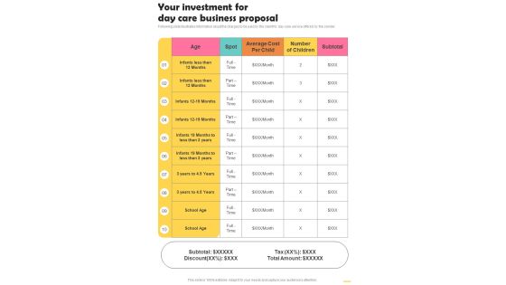 Your Investment For Day Care Business Proposal One Pager Sample Example Document Your Investment For Day Care Business Proposal One Pager Sample Example Document