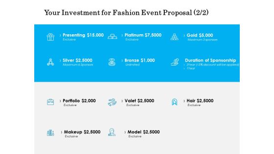 Your Investment For Fashion Event Proposal Silver Ppt PowerPoint Presentation Styles Graphic Tips Your Investment For Fashion Event Proposal Silver Ppt PowerPoint Presentation Styles Graphic Tips